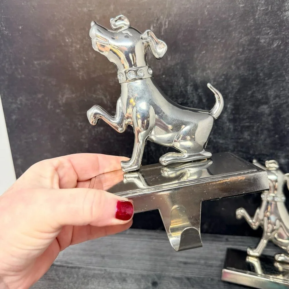 Vintage Pottery Barn Dog Stocking‎ Holders Silver Rhinestone Collars Set of 2